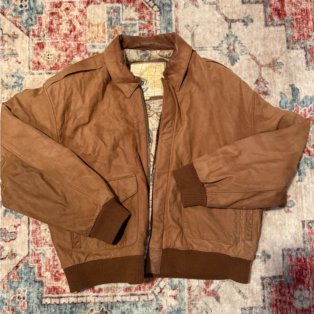 Vintage G-III Mens Brown Leather Global Identity Bomber Jacket, Large Y2K 80s
